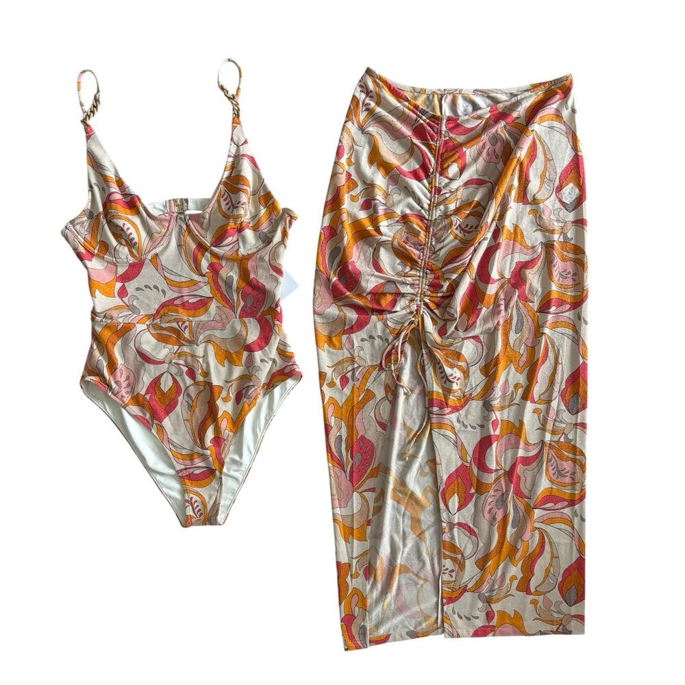 REVEL REY INEZ ONE PIECE SWIMSUIT WITH MATCHING SKIRT SET NWT SIZE LARGE REVOLVE